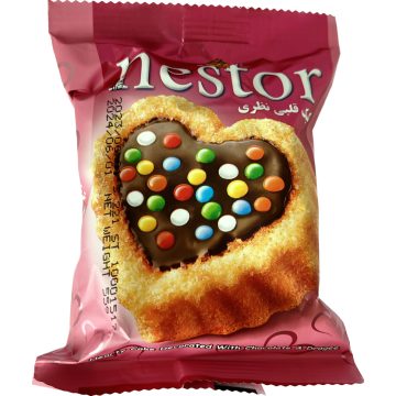   Nestor szív alakú puha piskóta csokival töltve, csokidrazséval szórva 55g